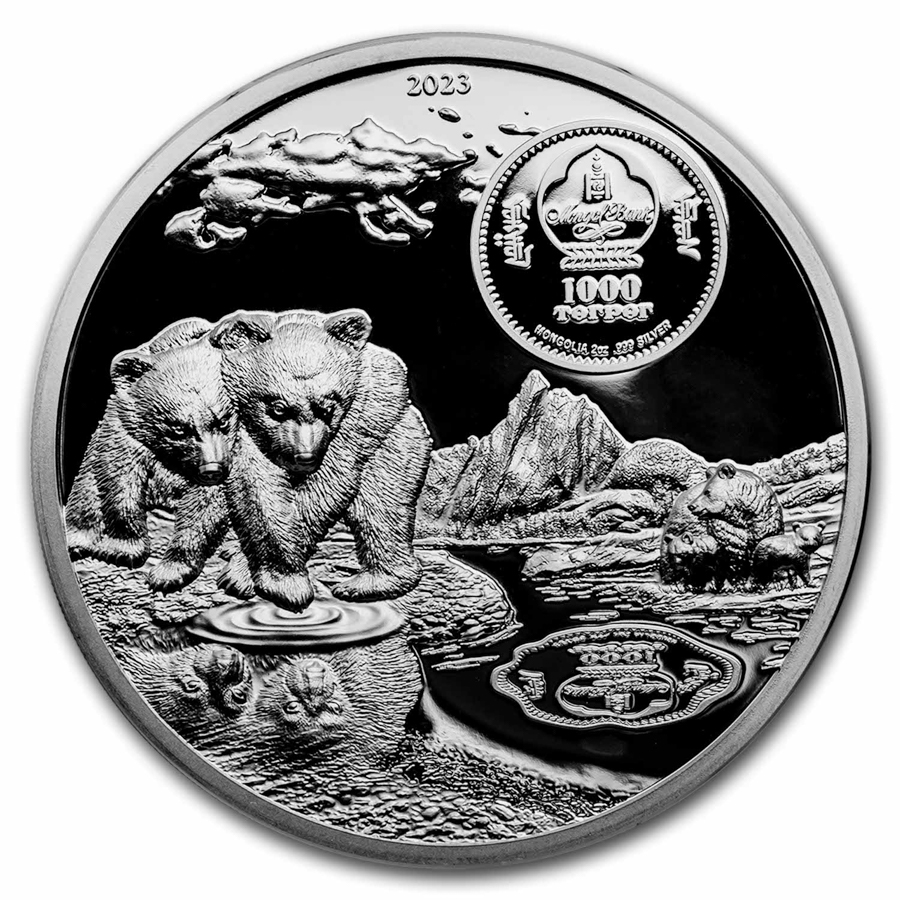 2023 Mongolia 2 oz Silver Black Proof Growing Up: Brown Bear